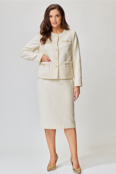 Двухпредметный костюм жакет и юбка со шлицей Andina city 9052-2 молочный - фото 5