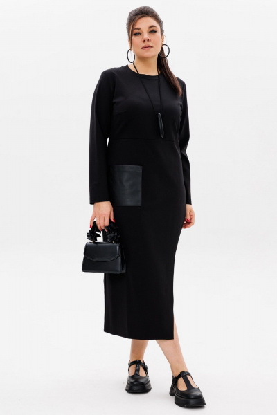 Черное трикотажное платье с эко-кожаным акцентом Anelli 51 престиж - фото 8