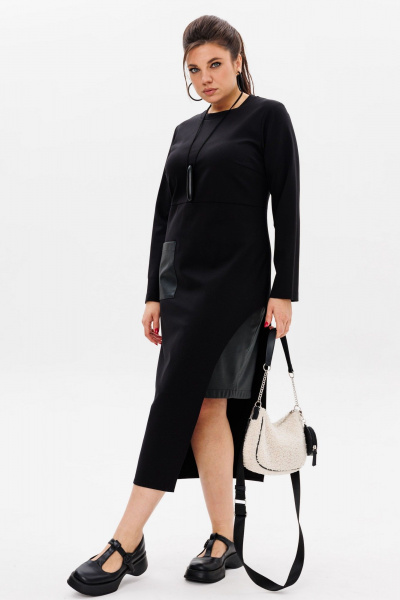 Черное трикотажное платье с эко-кожаным акцентом Anelli 51 престиж - фото 7