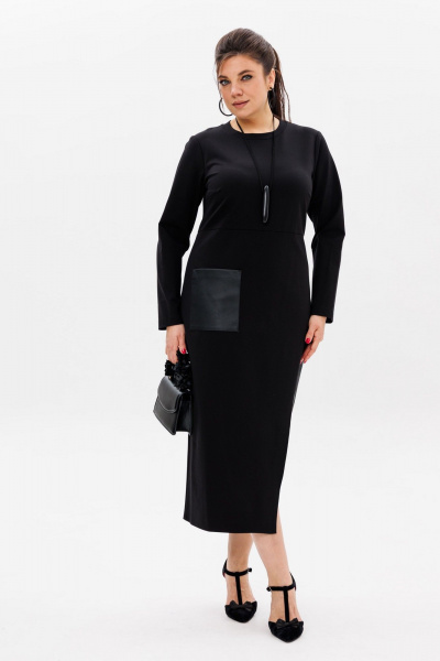 Черное трикотажное платье с эко-кожаным акцентом Anelli 51 престиж - фото 5