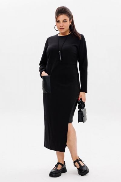 Черное трикотажное платье с эко-кожаным акцентом Anelli 51 престиж - фото 3