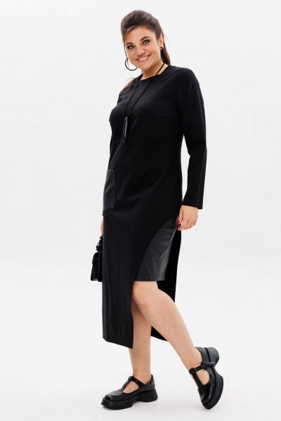 Черное трикотажное платье с эко-кожаным акцентом Anelli 51 престиж - фото 1