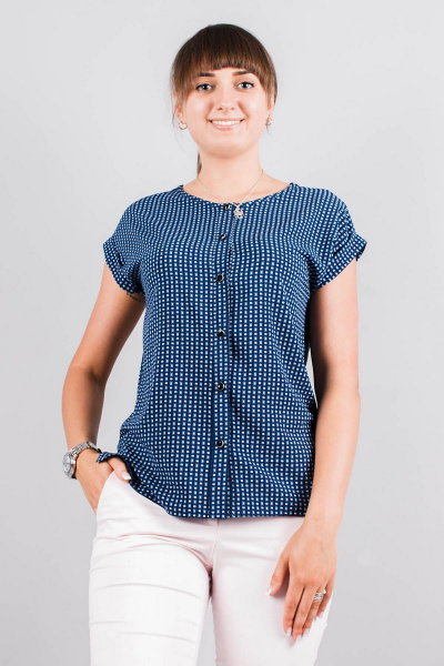 Летняя синяя блуза с застежкой на пуговицах и прямым кроем Mita ЖМ921 синий+белый - фото 1