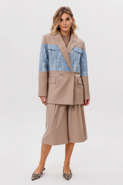 Жакет прямого силуэта из костюмной ткани с джинсом EOLA 2779 бежевый - фото 7