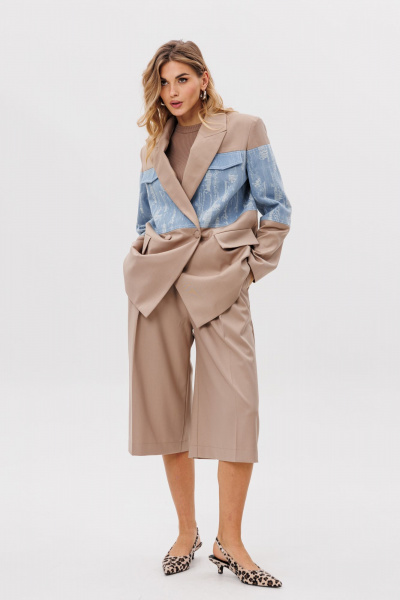 Жакет прямого силуэта из костюмной ткани с джинсом EOLA 2779 бежевый - фото 6