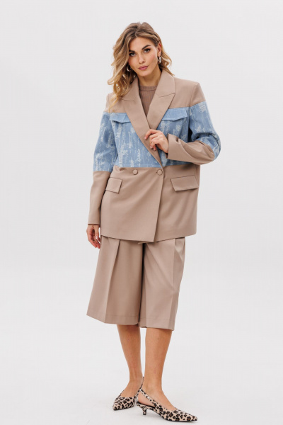Жакет прямого силуэта из костюмной ткани с джинсом EOLA 2779 бежевый - фото 4