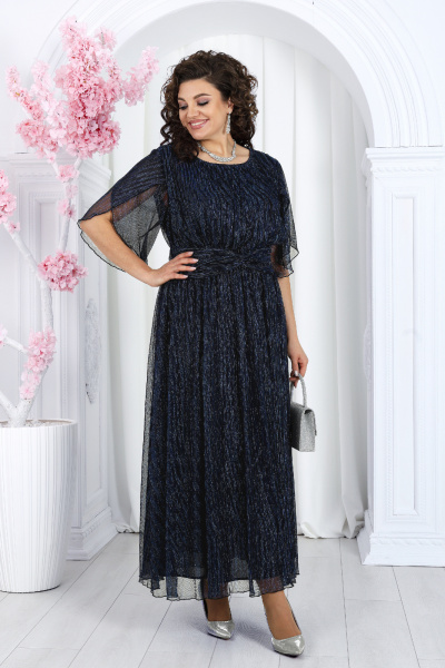 Платье гофре с люрексом и draped поясом для торжественных случаев Ninele 6046 синий - фото 2