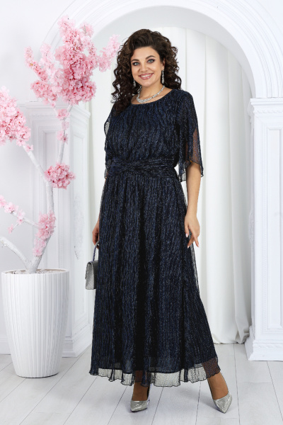 Платье гофре с люрексом и draped поясом для торжественных случаев Ninele 6046 синий - фото 8