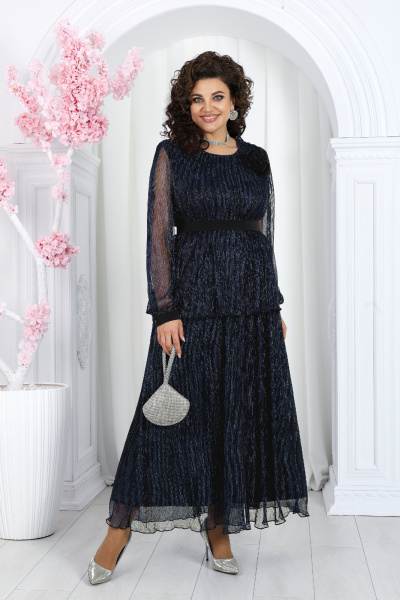 Женский нарядный блузка и юбка гофре с люрексом и съемным декором Ninele 7479 синий - фото 1