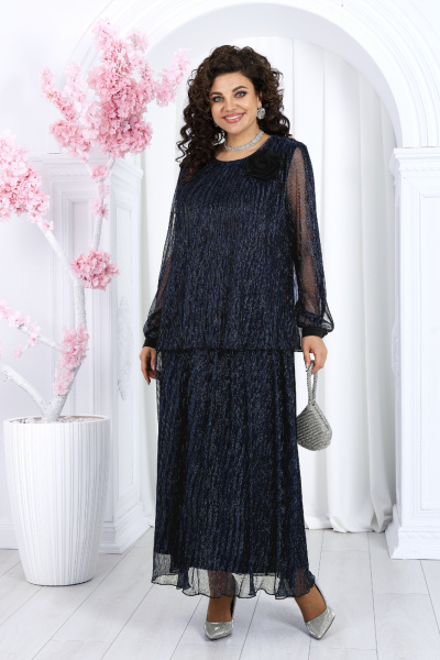 Женский нарядный блузка и юбка гофре с люрексом и съемным декором Ninele 7479 синий - фото 6