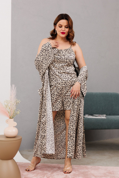 Домашний костюм халаит с запахом из атласа и сетки Anastasia 1189 платина - фото 13