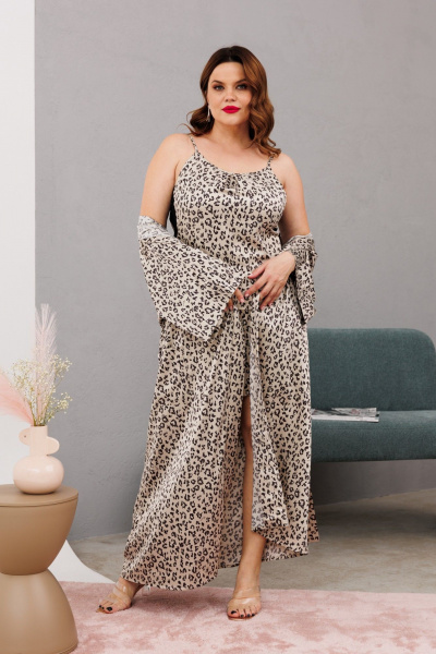 Домашний костюм халаит с запахом из атласа и сетки Anastasia 1189 платина - фото 11