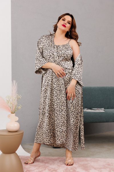 Домашний костюм халаит с запахом из атласа и сетки Anastasia 1189 платина - фото 8