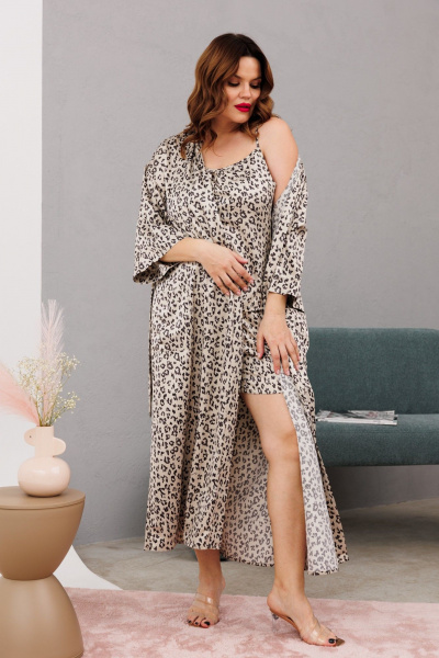 Домашний костюм халаит с запахом из атласа и сетки Anastasia 1189 платина - фото 7