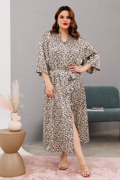 Домашний костюм халаит с запахом из атласа и сетки Anastasia 1189 платина - фото 2