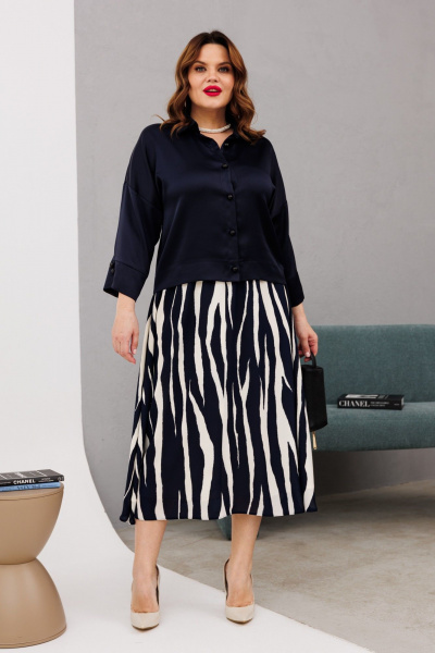 Комплект из атласной блузки и юбки с резинкой Anastasia 1196 синий/молочный - фото 8