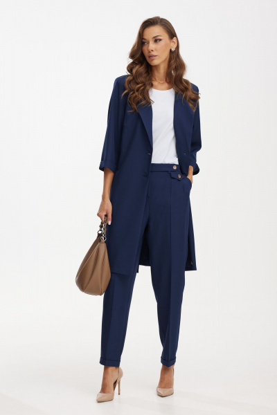 Элегантный костюм из лен вишер: жакет и брюки с блузкой Твой имидж 2097 тёмно-синий - фото 1