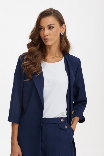 Элегантный костюм из лен вишер: жакет и брюки с блузкой Твой имидж 2097 тёмно-синий - фото 8