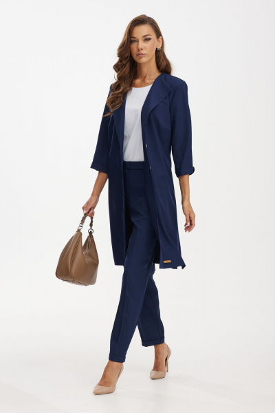 Элегантный костюм из лен вишер: жакет и брюки с блузкой Твой имидж 2097 тёмно-синий - фото 7