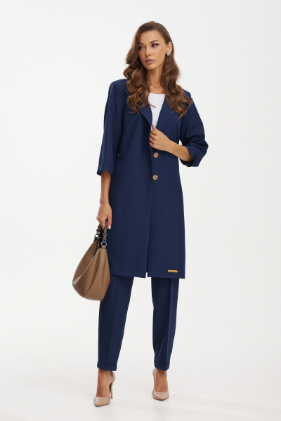Элегантный костюм из лен вишер: жакет и брюки с блузкой Твой имидж 2097 тёмно-синий - фото 5