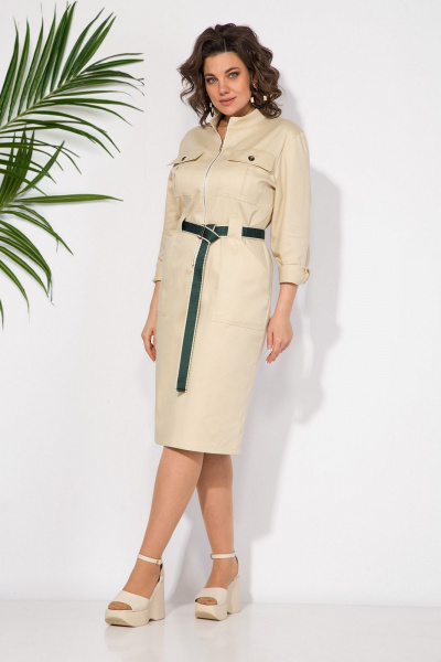 Платье сафари из хлопкового джинса с съемным поясом Liliana 1416 беж - фото 3