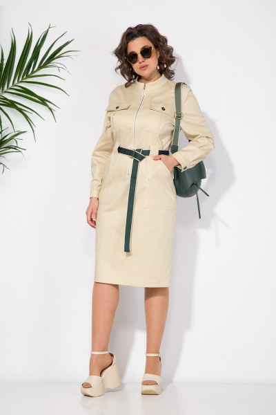 Платье сафари из хлопкового джинса с съемным поясом Liliana 1416 беж - фото 2