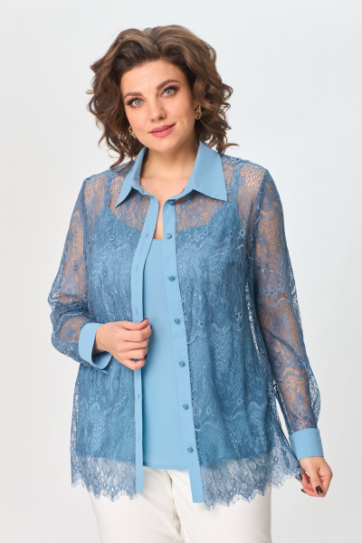 Демисезонный кружевной комплект блуза и топ с воротником ANASTASIA MAK 1231 голубой - фото 2