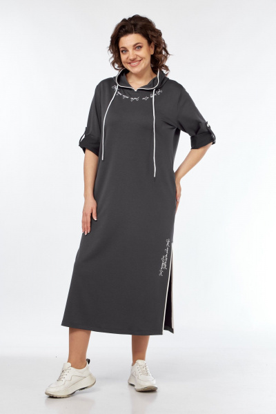 Серое платье с капюшоном из трикотажа с принтом для комфорта Диомант 2032 графит - фото 1