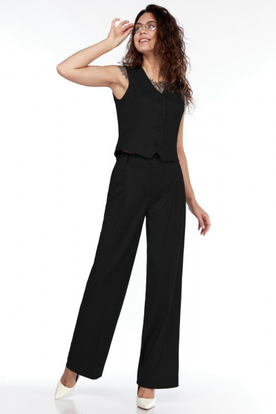 Черный костюм брюк и жилета из текстиля для офиса LadyThreeStars 2445 черный - фото 1