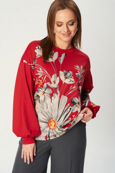 Джемпер Gizart 15345 красный-серый-ромашки - фото 6
