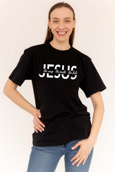 Черная футболка с цитатой и классическим кроем из хлопка MariSt 21005 черный - фото 2