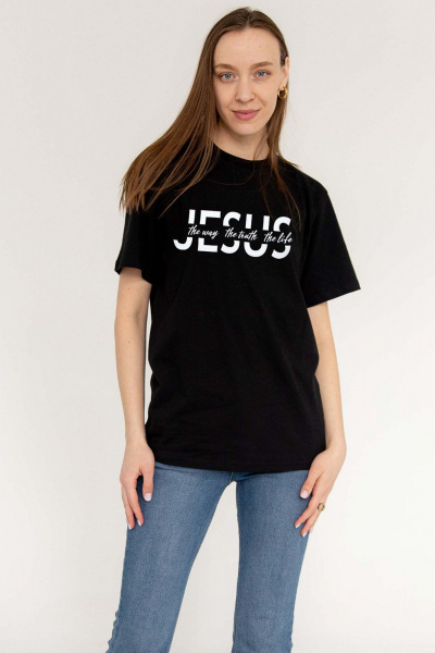 Черная футболка с цитатой и классическим кроем из хлопка MariSt 21005 черный - фото 1