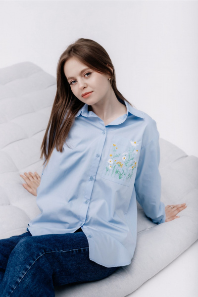 Рубашка с воротником-стойкой и накладными карманами MarSo 2406 голубой - фото 2