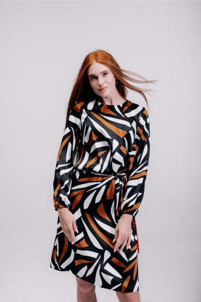 Платье А-силуэт миди с сборками и контрастной тесьмой MarSo 2417 абстракция - фото 2