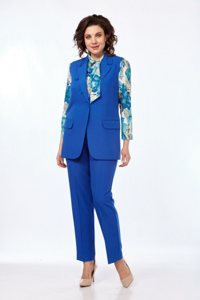 Трёхпредметный костюм с принтованной блузкой и жилетом Vilena 999 василек - фото 9