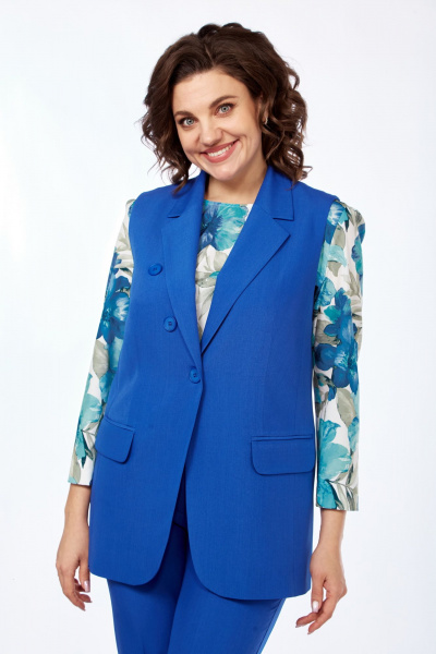 Трёхпредметный костюм с принтованной блузкой и жилетом Vilena 999 василек - фото 5