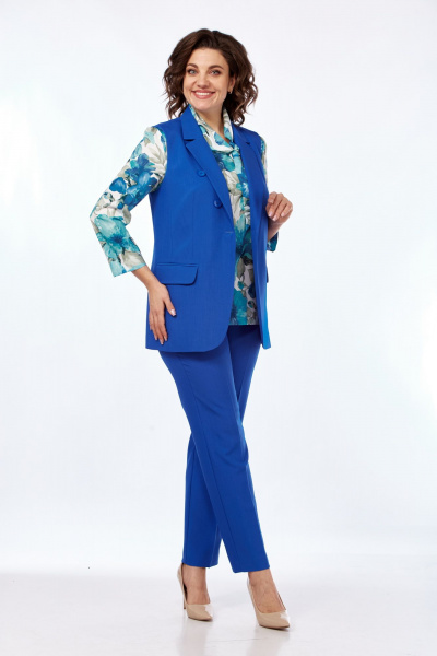 Трёхпредметный костюм с принтованной блузкой и жилетом Vilena 999 василек - фото 3