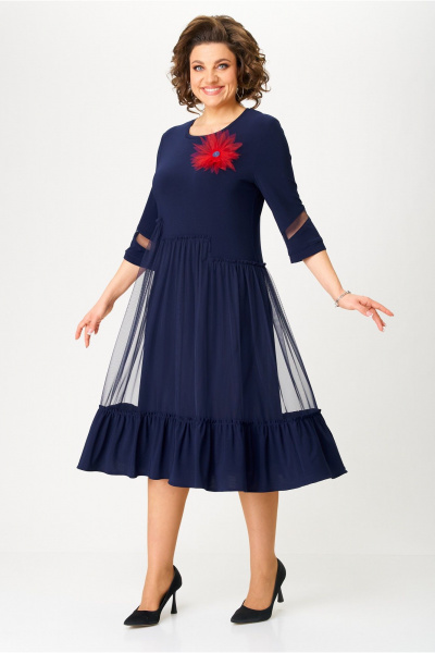 Сетчатое синее платье с отделкой, нарядное и на каждый день Moda Versal П1952 т.синий - фото 2