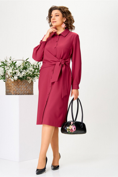 Миди платье из вискозы с драпировкой и поясом Твой имидж 2082 малина - фото 4