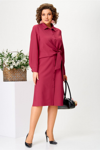 Миди платье из вискозы с драпировкой и поясом Твой имидж 2082 малина - фото 3