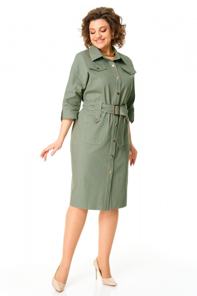 Платье из джинса с накладными карманами и пуговицами VI ORO VR-1167 оливка - фото 3