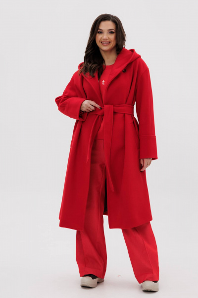 Красное пальто свободного силуэта с двубортной застежкой Fantazia Mod 4915 - фото 8