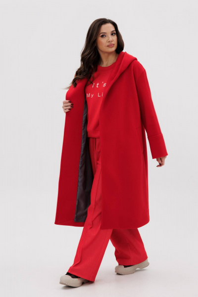 Красное пальто свободного силуэта с двубортной застежкой Fantazia Mod 4915 - фото 6