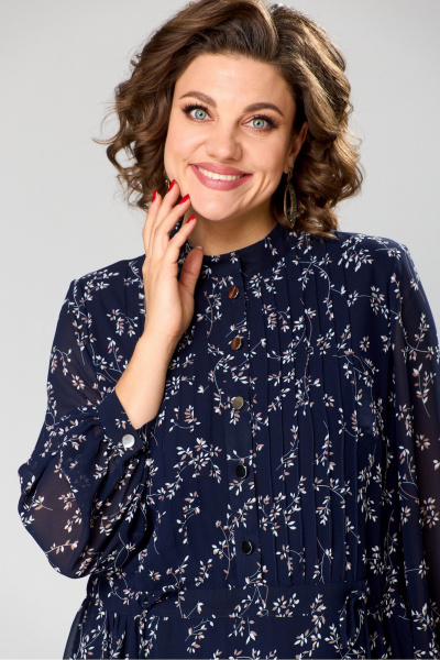 Платье миди из шифона с накладками и защитками Romanovich Style 1-2755 синий/веточки - фото 9