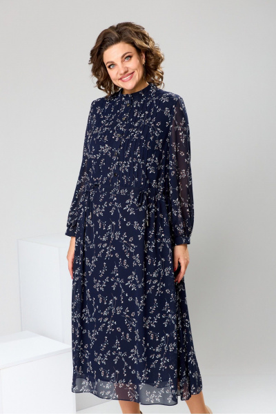 Платье миди из шифона с накладками и защитками Romanovich Style 1-2755 синий/веточки - фото 8