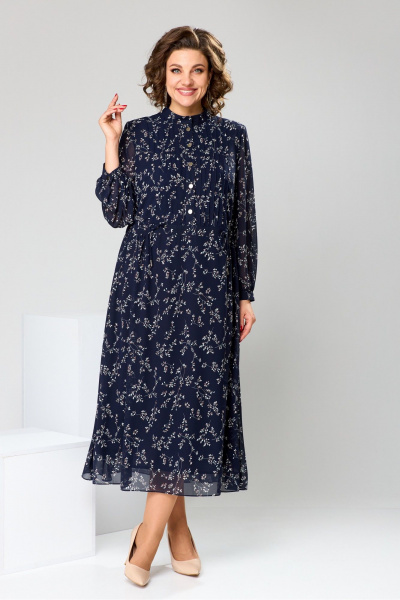 Платье миди из шифона с накладками и защитками Romanovich Style 1-2755 синий/веточки - фото 6