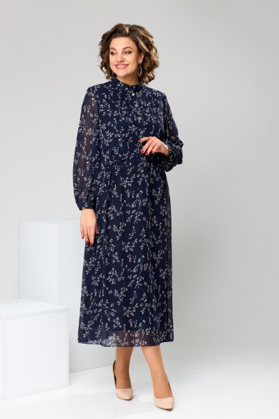 Платье миди из шифона с накладками и защитками Romanovich Style 1-2755 синий/веточки - фото 5