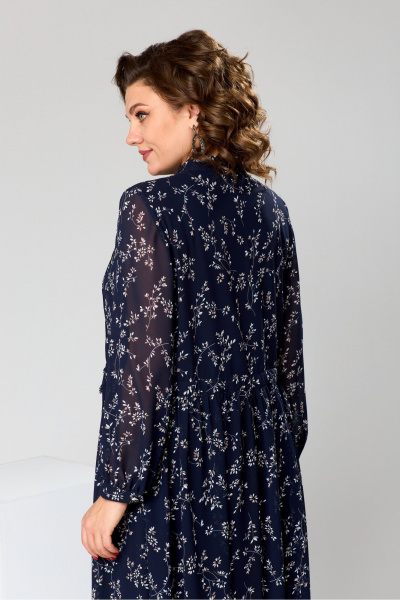 Платье миди из шифона с накладками и защитками Romanovich Style 1-2755 синий/веточки - фото 4