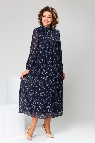 Платье миди из шифона с накладками и защитками Romanovich Style 1-2755 синий/веточки - фото 2