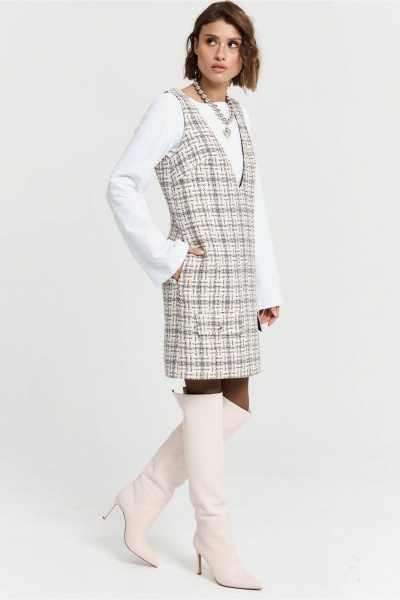 Мини-платье из твидовой ткани с вырезом и карманами ATTIKA A3097-2 бежево-серый_в_клетку - фото 3